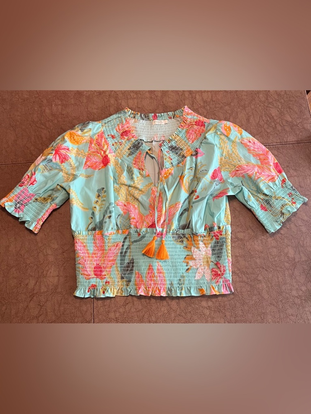 Spartina 449 Anya Floral Smocked Peasant Top with Tassels Women's Large